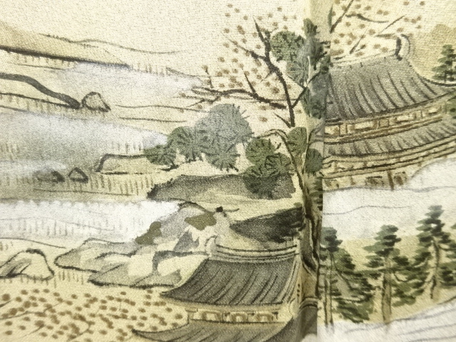 JAPANESE KIMONO / ANTIQUE MENS HAORI / SILK / MONTSUKI / SHIKISHI & SCENERY OF MANSIONS (lining)